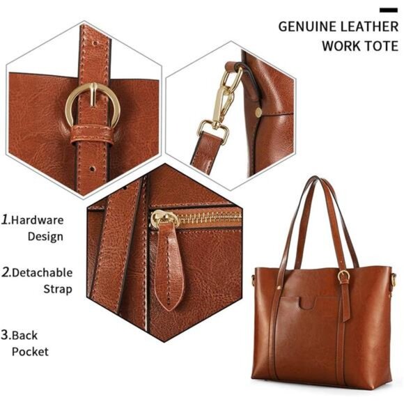 Genuine Leather Women Tote Bag Soft Handbags Vintage Shoulder Purses - Picture 11 of 14